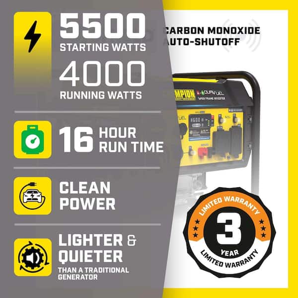 5500-Watt Recoil Start Gasoline/Propane Open Frame Inverter Generator with Quiet Technology and CO Shield, CARB