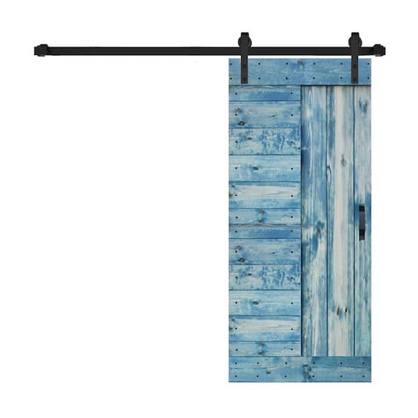 ISLIFE L Series 36 in. x 84 in. Worn Navy Finished Solid Wood Sliding Barn Door with Hardware Kit - Assembly Needed