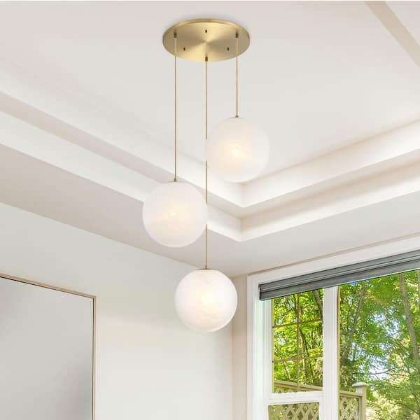 Pixie 3-Light Brushed Gold Modern Globe Chandelier for Entryways with 14 in. Etched Cloud Glass Shades