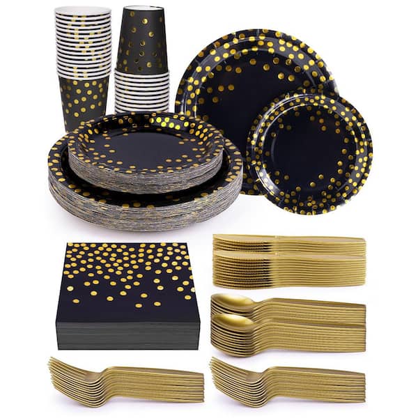 224-Piece Black and Gold Disposable Party Plates, Cups, Napkins and Flatware Set for 32 Guests