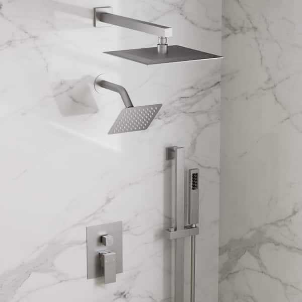 GRANDJOY 10 in. and 6 in. Square Shower System 3-Spray Dual Wall Mount Fixed and Handheld Shower Head 2.5 GPM in Brushed Nickel