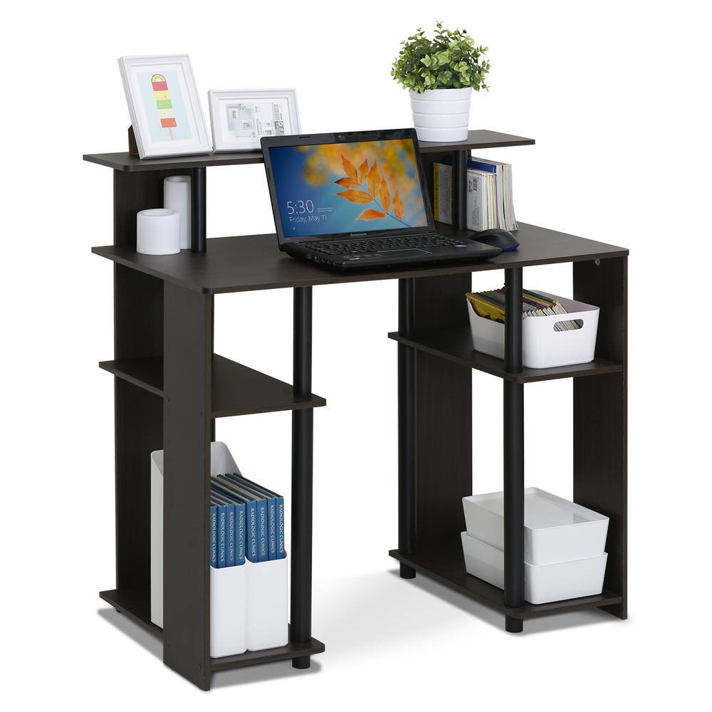 Walnut Compact Computer Desk with Shelves and Drawer