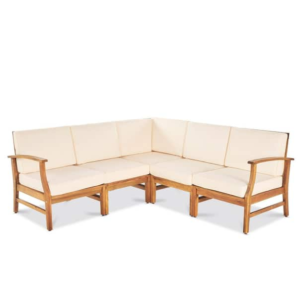 Teak Finish 5-Piece Wood Outdoor Patio Sectional Set with Cream Cushions