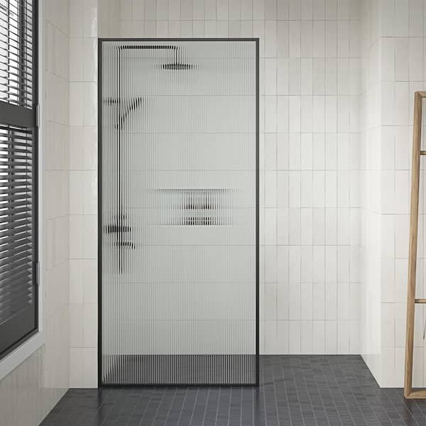 OVE Decors Della 36 in. W. x 75.98 in H Walk-in Framed Fixed Panel Shower Door in Matte Black with Clear Fluted Glass