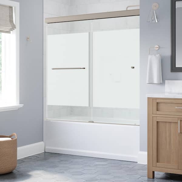Portwood 60 in. W x 58 in. H Semi-Frameless Sliding Bathtub Door in Nickel with 1/4 in. Frosted Privacy Glass