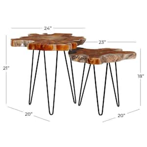 24 in. Brown Live Edge Top Large Round Wood End Accent Table with Black Metal Hairpin Legs (2- Pieces)