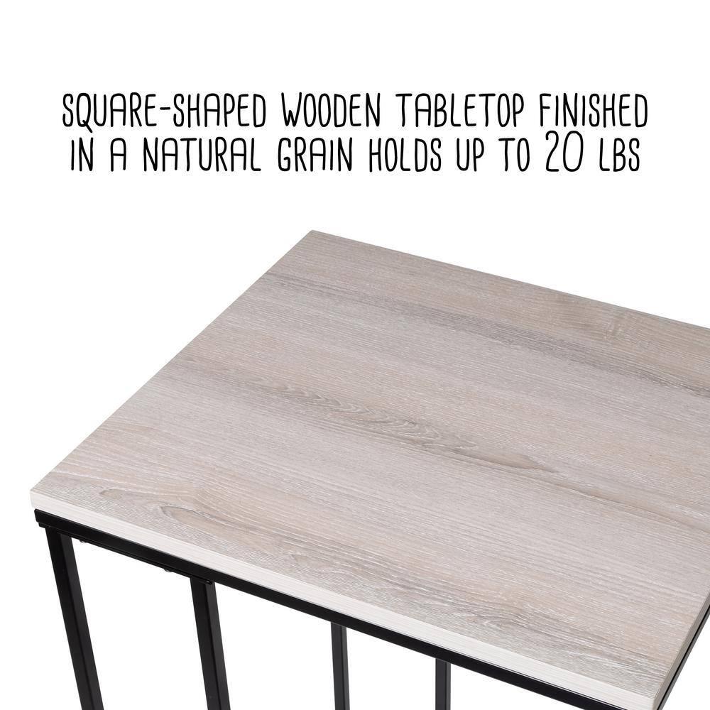 Natural Wood Grain and Matte Black Metal Square C-Shape End Table