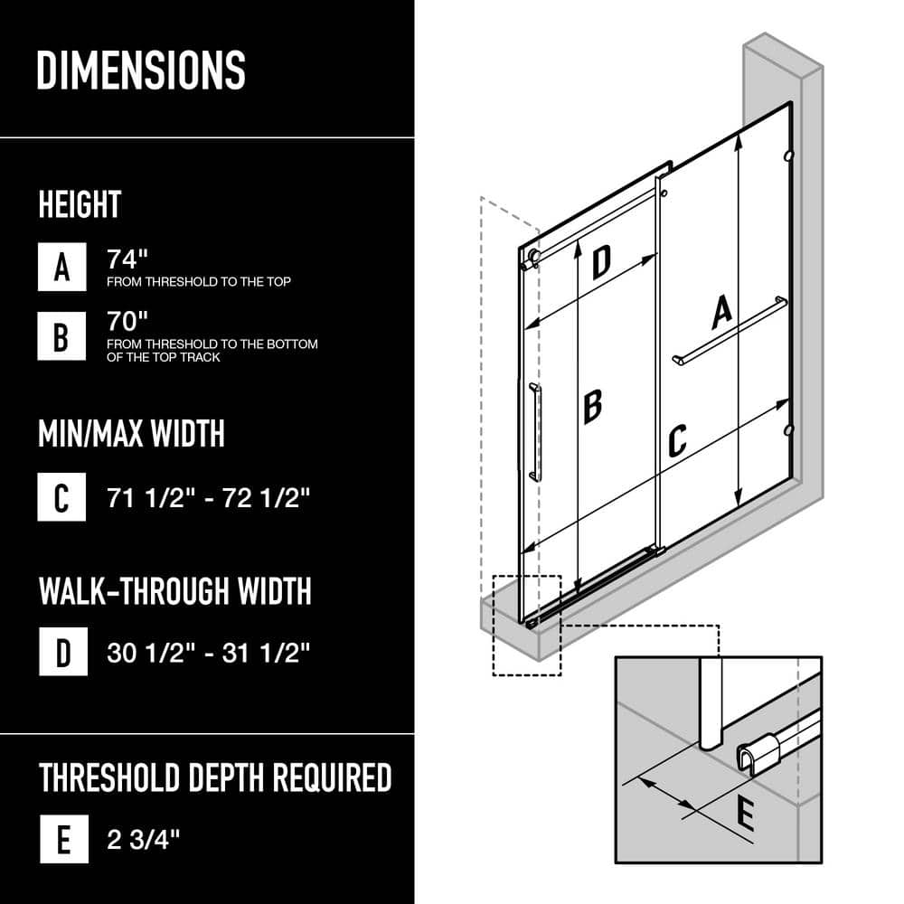 Ferrara 73" Frameless Sliding Shower Door with Clear Tempered Glass
