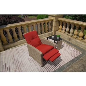 Adjustable Patio Recliner Chair With Rattan Side Table Metal Outdoor Reclining Lounge Chair with Red Cushions