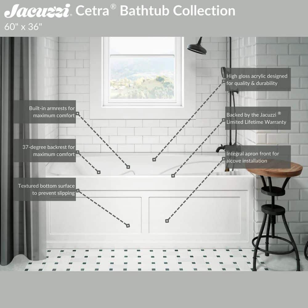 Cetra 60" x 36" White Acrylic Alcove Whirlpool Bathtub