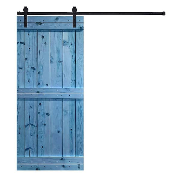 Mid-Bar Series 36 in. x 84 in. Navy Blue Stained Knotty Pine Wood DIY Sliding Barn Door with Hardware Kit