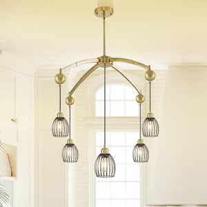 Retro 5-Light Vintage Wrought Iron Gold Creative Cage Ceiling Chandelier for Kitchen Island Dining Living Room Bedroom