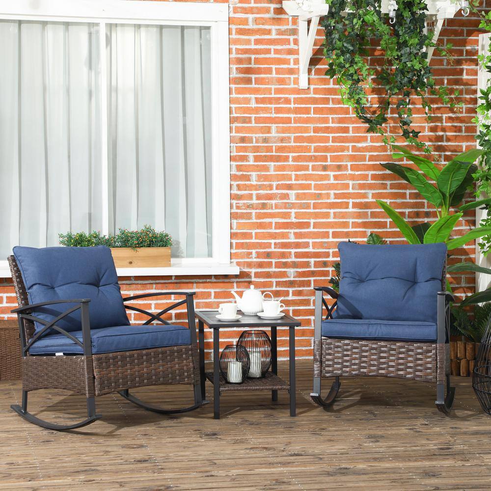 Dark Blue Wicker Rocking Chair Bistro Set with Cushions