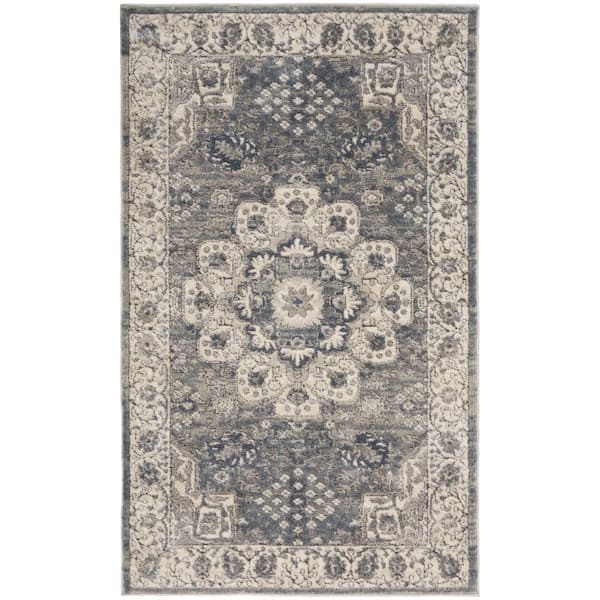 Nourison Concerto Grey/Ivory 3 ft. x 5 ft. Botanical Traditional Kitchen Area Rug