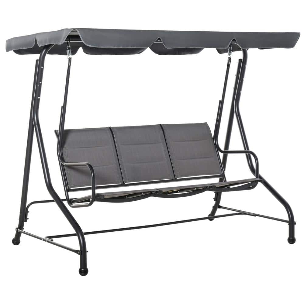 Gray Steel Trio-Seating Outdoor Swing Chair with Canopy