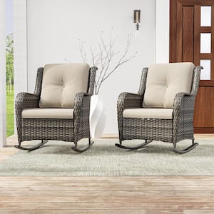 Wicker Outdoor Rocking Chair Patio with Beige Cushion (2-Pack)