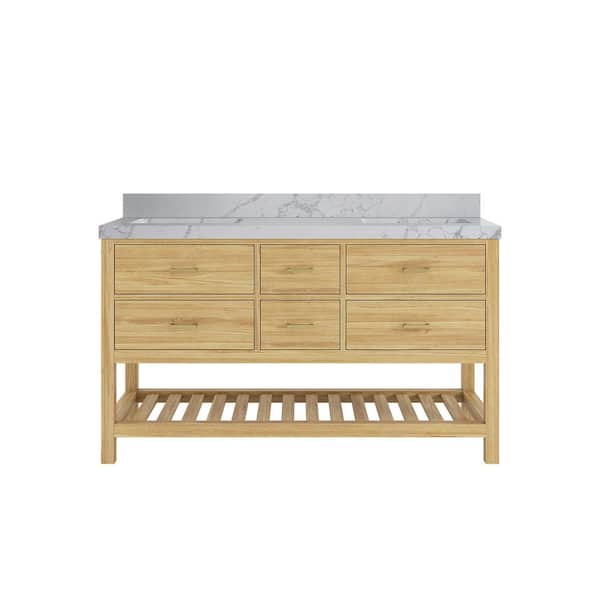 Willow Collections Parker Teak 60 in. Double Sink Freestanding Light Natural Bath Vanity with Venatino Quartz Top Unassembled
