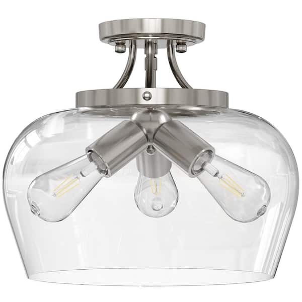 Merra 3-Light Blushed Nickel Semi Flush Mount Ceiling Light with Glass Shade