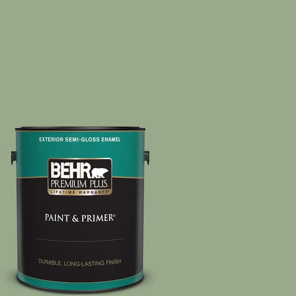 BEHR PREMIUM PLUS 1 gal. #PPU11-05 Pesto Green Semi-Gloss Enamel Exterior Paint & Primer