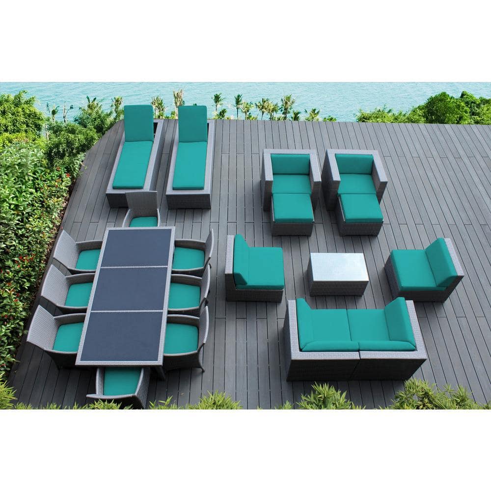 Gray 20-Piece Wicker Patio Combo Conversation Set with Supercrylic Turquoise Cushions