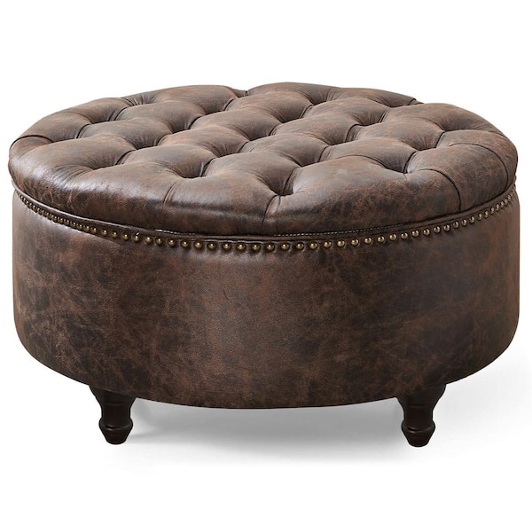 Nathaniel Home SIDA 30 in. Round Storage Ottoman, PU Leather, Traditional Style, Nail Head Tufted Seating, Footrest Stool Bench, Brown