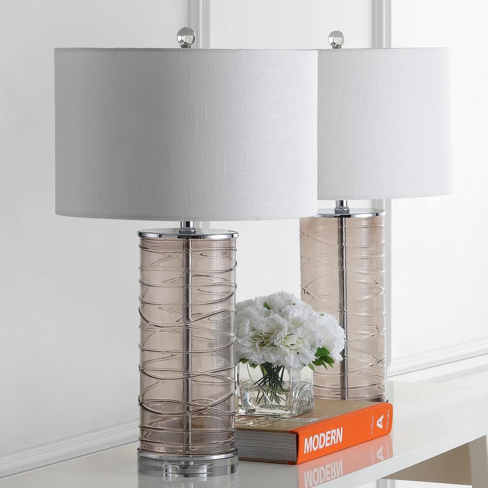 Smoky Gray Glass Cylinder LED Table Lamp Set with Drum Shades