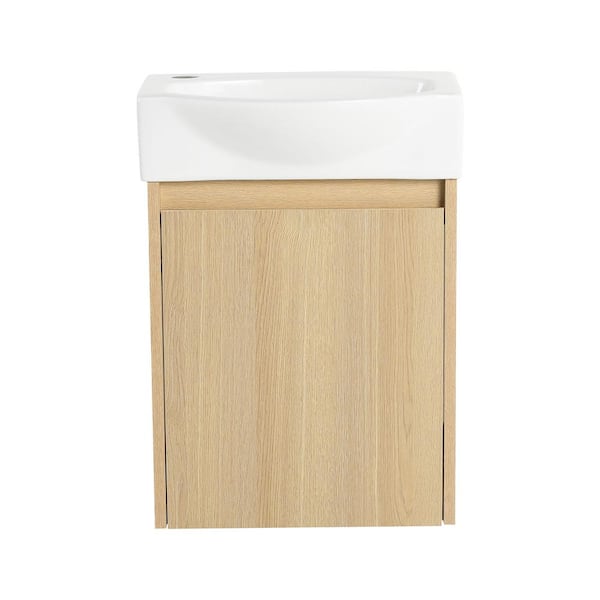 FUNKOL 11 in. W x 16 in. D x 22 in. H 1-Sink Wall Mounted Bath Vanity in Oak with White Resin Top