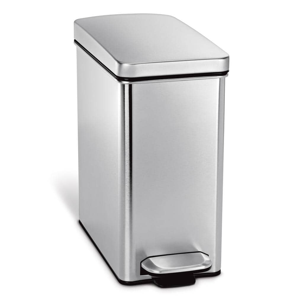 simplehuman 10-Liter Brushed Stainless Steel Slim Profile Step-On Trash Can  with Black Plastic Lid CW1180 - The Home Depot
