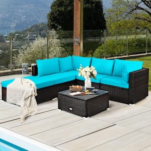 6-Piece Wicker Outdoor Patio Conversation Set Rattan Furniture Set with Turquoise Cushions, Ottoman and Coffee Table