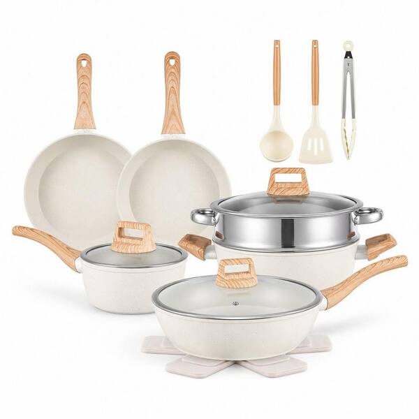16 Piece Nonstick White Aluminum Granite Cookware Set with Cooking Set, Durable Bakelite Pots and Pans, Easy Cleaning