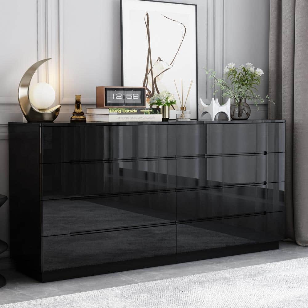 Black High Gloss 63" Double Dresser with LED Lights