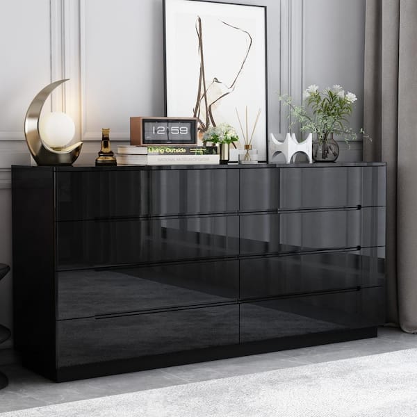 Kingdely Black 8-Drawer 63 in. W Wood Double Dresser Chest of Drawers Bedroom Storage Organizer in With High Gloss and LED Lights KF020326-02