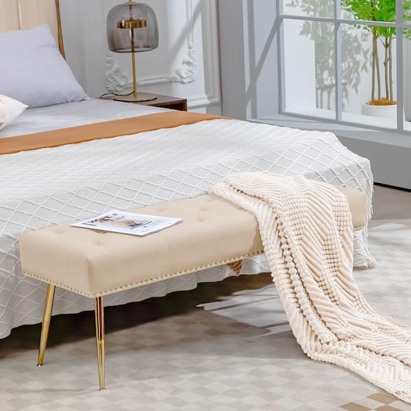JEAREY Modern Beige Velvet Ottoman Bench with Gold Base & Diamond Tufted Design for Bedroom