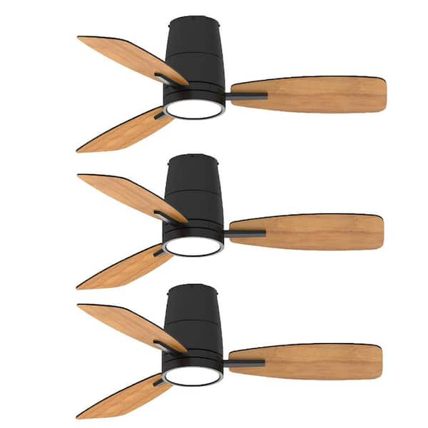 3-Pack 42 in. LED Indoor Black Flush Mount Ceiling Fan with Light and Remote Reversible DC Motor and Blades for Home