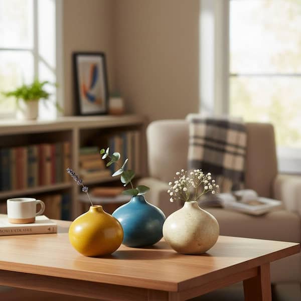 3-Piece 5" Small Sphere Ceramic Vase Set - Mini Decor for Home Table Living Room Bookshelf