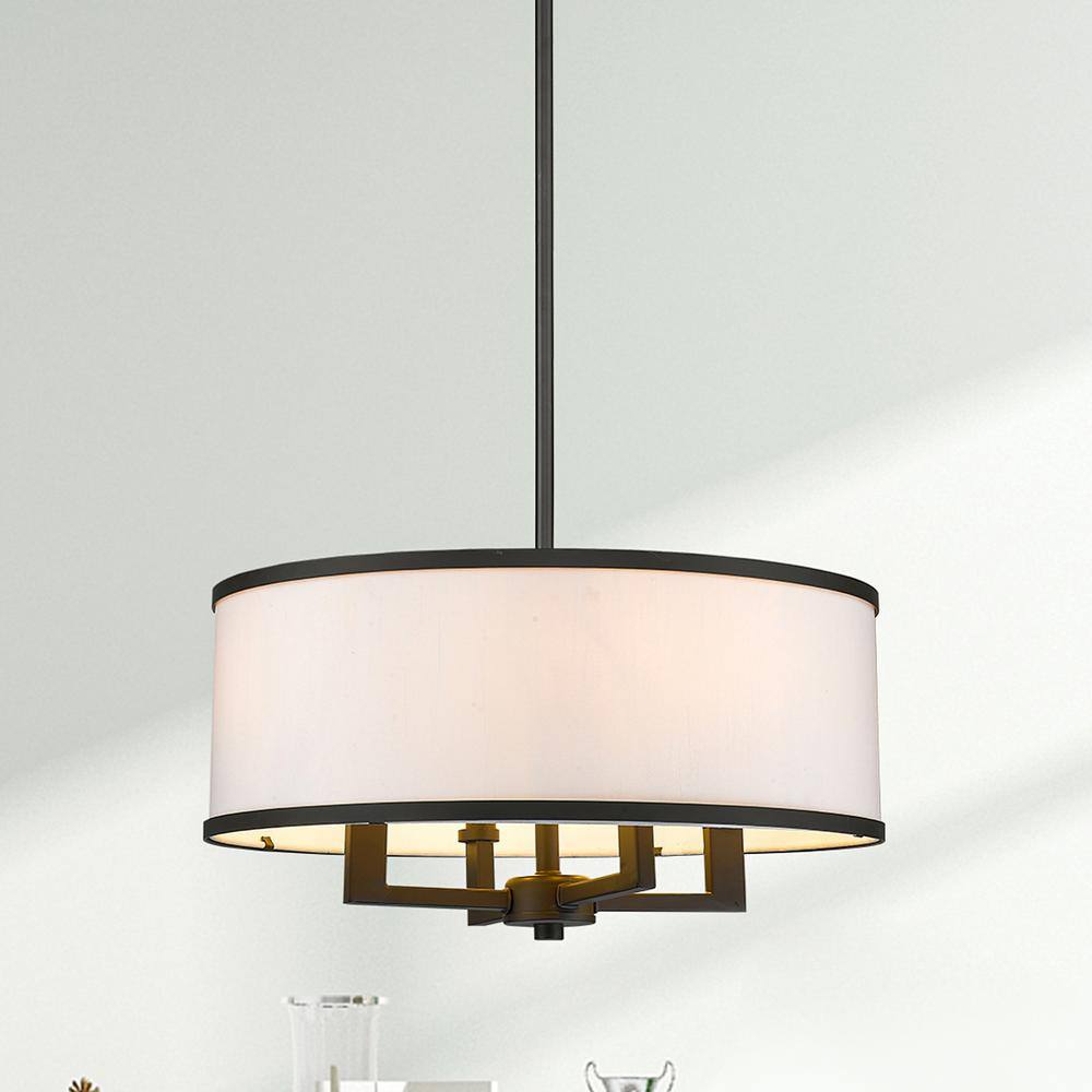 Bronze 4-Light Mini Drum Pendant with Off-White Shade