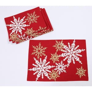 14 in. x 20 in. Red Magical Snowflakes Crewel Embroidered Christmas Placemats (Set of 4), Polyester