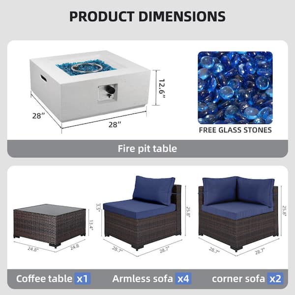 8 Pieces Outdoor Fire Pit Patio Set with 28 in. Off-white Square Propane Fire Pit Table and Navy Blue Cushions