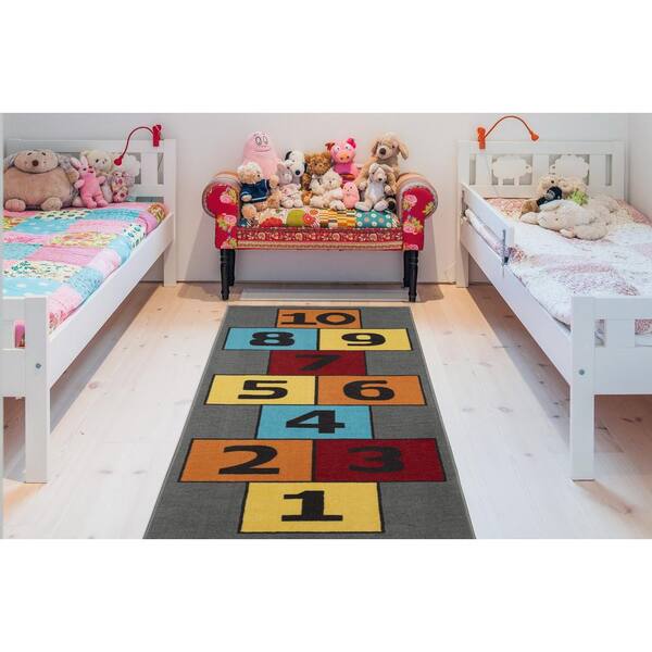 Kids Hopscotch Floor Rug Mat, Kids Play Mat Non-Slip Silicone Back Mat - 3' x 5' Oval - Multi-Color