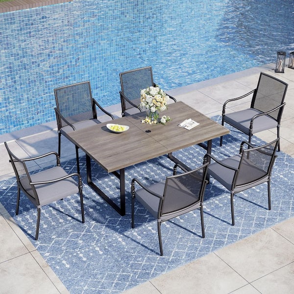 PHI VILLA 7-Piece Black Metal Patio Outdoor Dining Set with U-Shaped Rectangle Table and Gourd Design Chairs with Gray Cushions