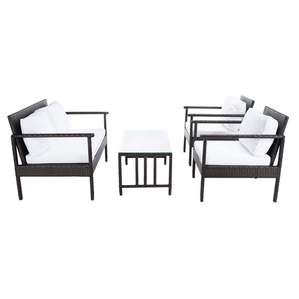 Coastal Charm Brown Wicker 4-Person Outdoor Living Set with White Cushions