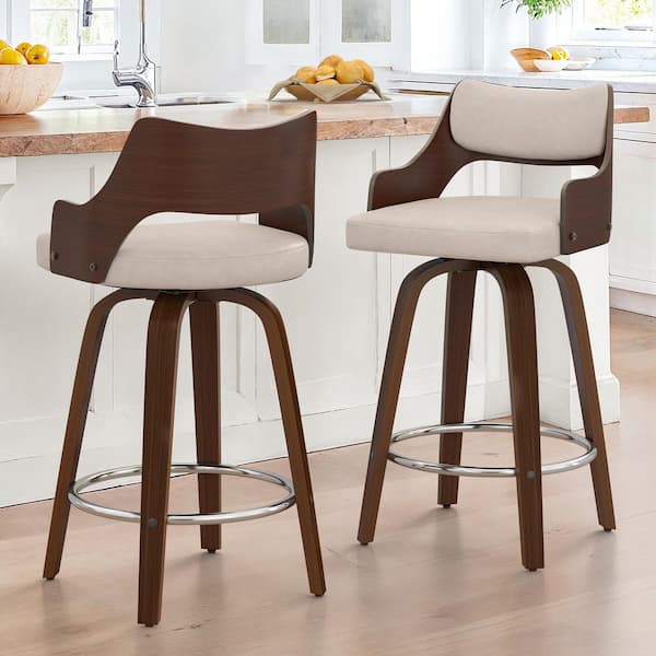 Gaspa 26 in. Tan Premium Faux Leather Swivel Bar Stool with Solid Walnut Wood Frame and Open Back Support Set of 2