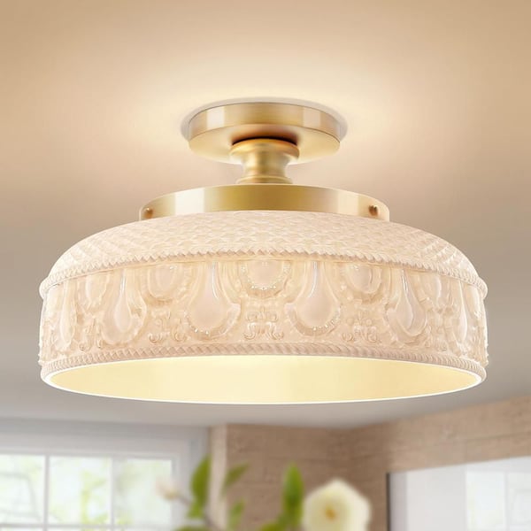 12 in. 3-Light Gold Semi Flush Mount Ceiling Light with Glass Shade and ...