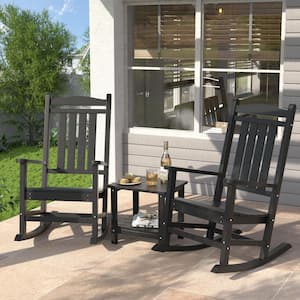 2-Person Black HDPE Plastic Wood Outdoor Rocking Chair Set with Table-Effortless Comfort for Your Patio