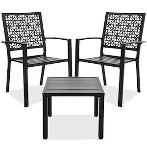 Black 3-Piece Metal Outdoor Patio Bistro Set with 2 Stackable Chairs and Table