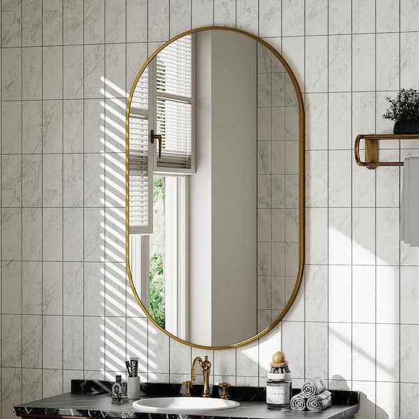 22 in. W x 37.8 in. H Modern Oval Gold Aluminum Alloy Framed Wall Mirror Vanity Bathroom Mirror