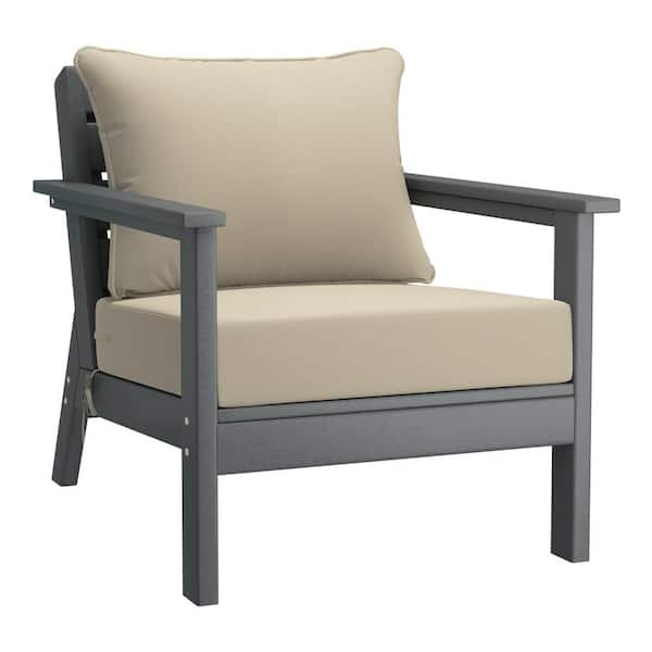 Birchwood Outdoor Patio Deep Seating HDPE Plastic Lounge Chair in Grey with Beige Cushions