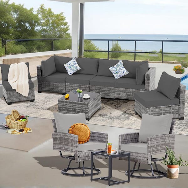 Gray 7-Piece Rattan Wicker Outdoor Sectional Conversation Set with Gray Cushions