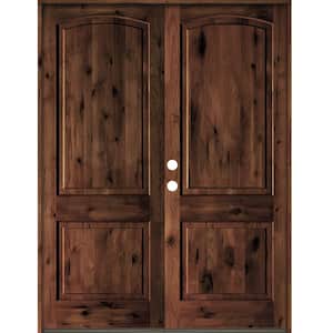 72 in. x 96 in. Rustic Knotty Alder 2-Panel Arch Top Red Mahogony Stain Right-Hand Wood Double Prehung Front Door