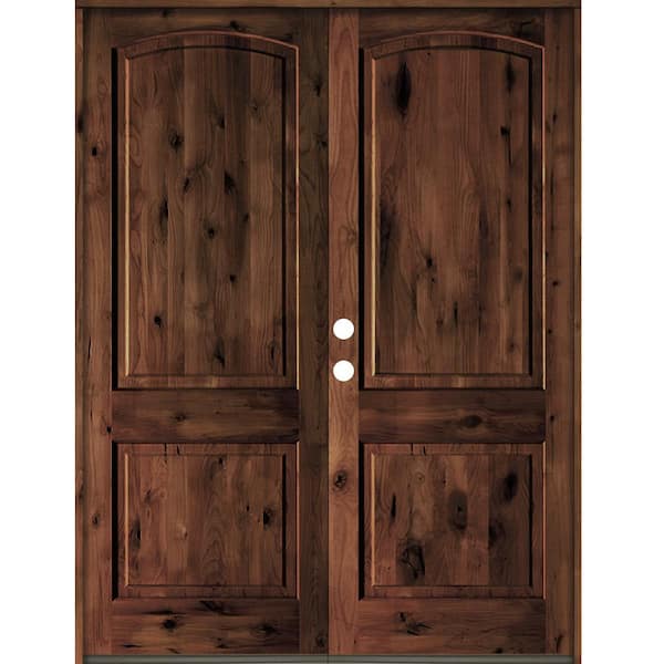 Krosswood Doors 72 in. x 96 in. Rustic Knotty Alder 2-Panel Arch Top Red Mahogony Stain Right-Hand Wood Double Prehung Front Door